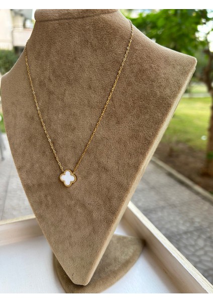 Çelik Gold Beyaz Mineli 4 Yapraklı Yonca Kolye indirimleri