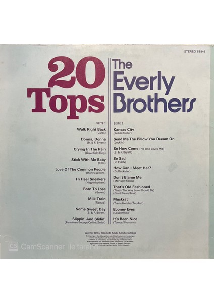 The Everly Brothers 20 Tops LP Plak