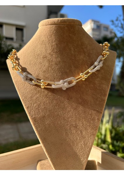 Vıp Çelik Gold Büyük Boy Zincirli 6 Silver Zirkon Taşlı Hardwear Mix Kolye