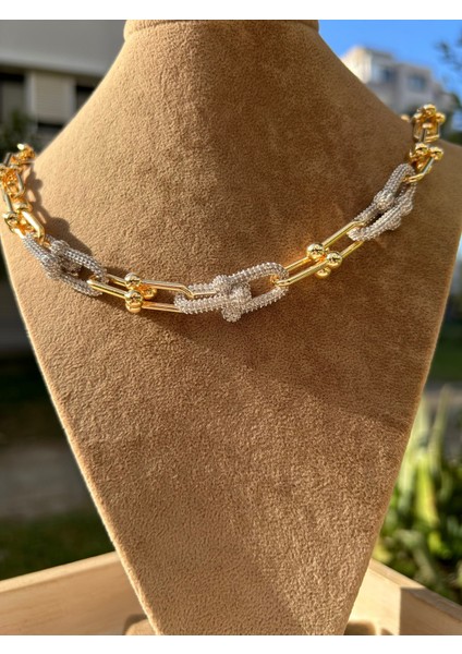 Vıp Çelik Gold Büyük Boy Zincirli 6 Silver Zirkon Taşlı Hardwear Mix Kolye fiyatları