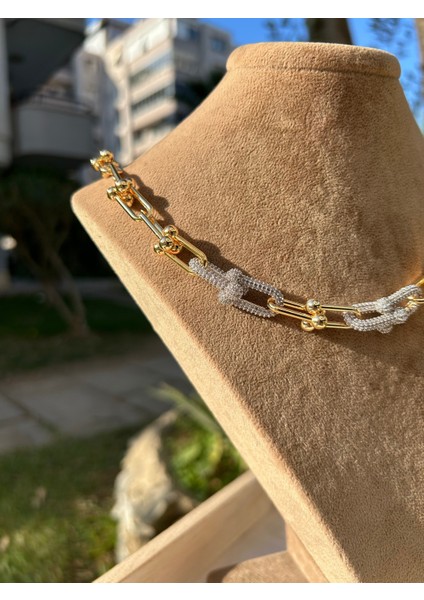 Vıp Çelik Gold Büyük Boy Zincirli 6 Silver Zirkon Taşlı Hardwear Mix Kolye modelleri