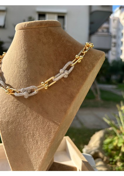 Vıp Çelik Gold Büyük Boy Zincirli 6 Silver Zirkon Taşlı Hardwear Mix Kolye fırsatları