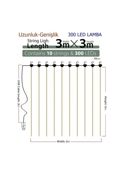 8 Fonksiyonlu Peri Perde Led Uzaktan Kumandalı Günışığı Perde Peri Led (3 mt x 3 mt)