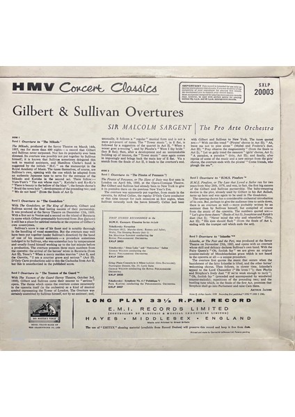 Gilbert - Sullivan Overtures LP Klasik Plak