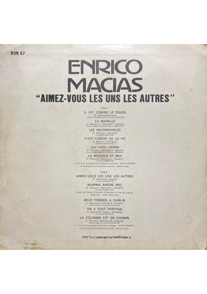 Enrico Macias – Aimez-Vous Les Uns Autres LP Plak