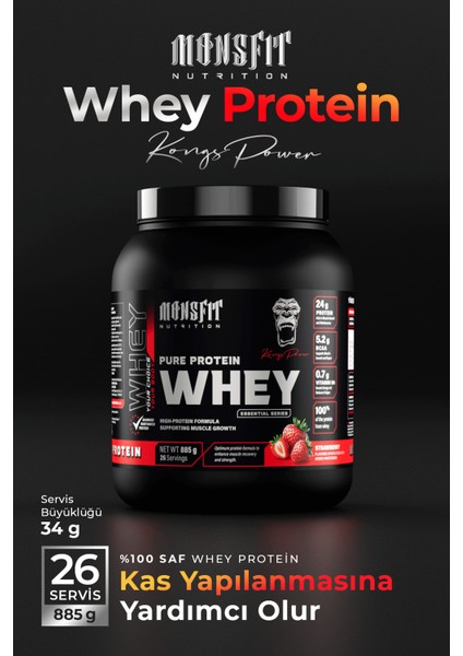 Whey Protein 885 G (26 Servis) - Kas Yapılanmasına Yardımcı (Çilek Aromalı)