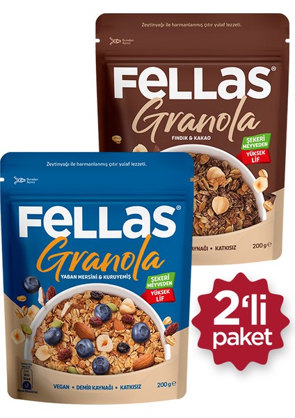 Granola 2'li Paket - Yaban Mersini & Kuruyemişli 200g + Fındık & Kakaolu 200g