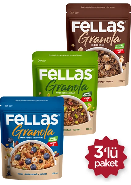 Granola 3'lü Mix Paket - Yaban Mersinli 200g + Fındık & Kakao 200g + Antep Fıstıklı 200g