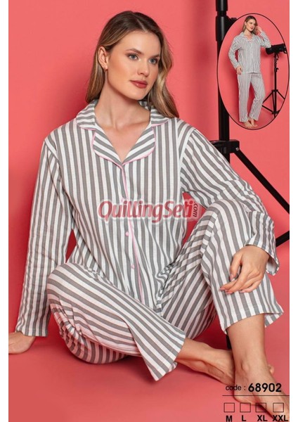 Renk ve Desen Seçenekli Önden Düğmeli Mevsimlik Örme Kumaş Uzun Kol Kadın Pijama Takımı - 68901