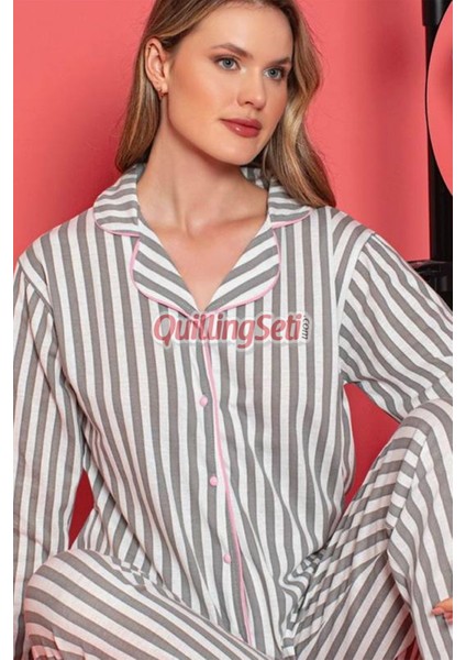 Renk ve Desen Seçenekli Önden Düğmeli Mevsimlik Örme Kumaş Uzun Kol Kadın Pijama Takımı - 68901