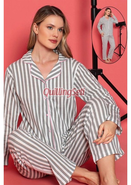 Renk ve Desen Seçenekli Önden Düğmeli Mevsimlik Örme Kumaş Uzun Kol Kadın Pijama Takımı - 68901