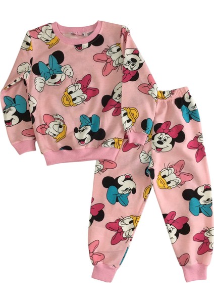 Kız Çocuk Mickey Mouse Renkli Karakterler Pembe Uzun Kolllu Eşofman Takımı