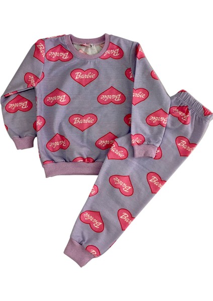 Kız Çocuk Iki Iplik Pamuklu Şardonlu Pembe Lila Barbie Desen Uzun Kollu Pijama Takımı