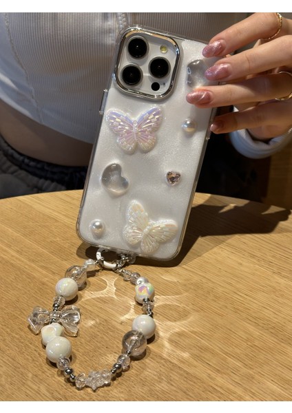 Apple iPhone 15 Pro Uyumlu Lux Işıltılı Inci Charmlı Kelebekli Kılıf