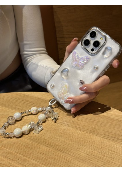 Apple iPhone 15 Pro Uyumlu Lux Işıltılı Inci Charmlı Kelebekli Kılıf