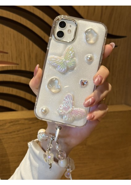 Paladyum Case iPhone 12 Uyumlu Lux Işıltılı Inci Charmlı Kelebekli Kılıf