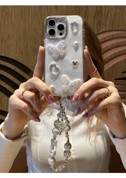 iPhone 15 Promax Uyumlu Lux Işıltılı Inci Charmlı Kelebekli Kılıf