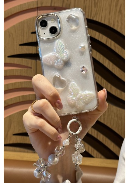 Apple iPhone 14 Uyumlu Lux Işıltılı Inci Charmlı Kelebekli Kılıf modelleri