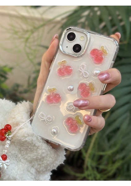 Paladyum Case iPhone 13 Uyumlu Kirazlı Simli Boncuklu Şeffaf Kılıf