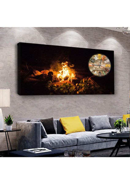 Kamp Ateşi 120 X 60 Saatli Kanvas Tablo