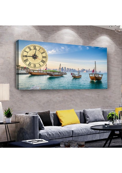 Ağaç Gemi 100 X 50 Cm Saatli Kanvas Tablo