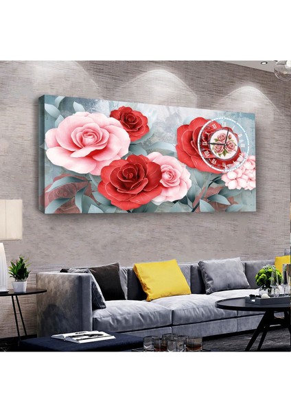 Kırmızı Pembe Gül 100 X 50 Cm Saatli Kanvas Tablo
