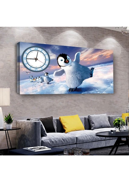 Penguen 100 X 50 Cm Saatli Kanvas Tablo