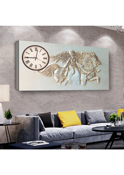 Motifli At Ve Kız 100 X 50 Cm Saatli Kanvas Tablo