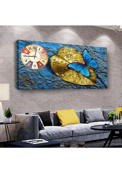 Mavi Kelebek 100 X 50 Cm Saatli Kanvas Tablo