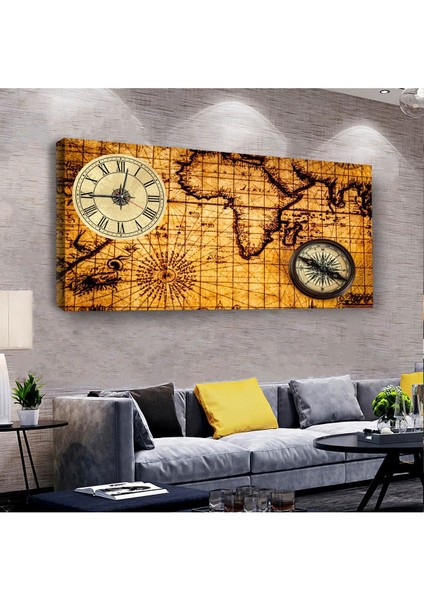 Dünya Haritası 100 X 50 Cm Saatli Kanvas Tablo