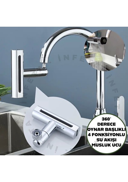 360 Derece Dönen 4 Fonksiyonlu Lüks Mutfak Lavabo Musluk Ucu Krom Renk