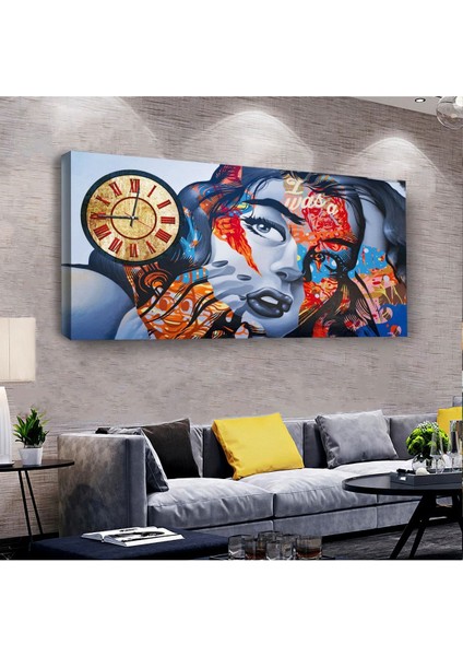 Renkli Kız 100 X 50 Cm Saatli Kanvas Tablo