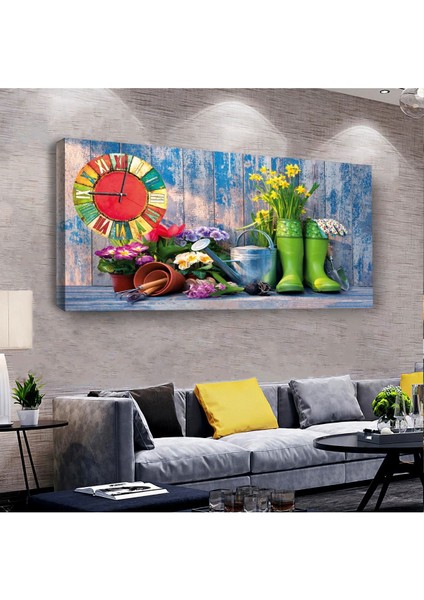Renkli Çiçek 100 X 50 Cm Saatli Kanvas Tablo