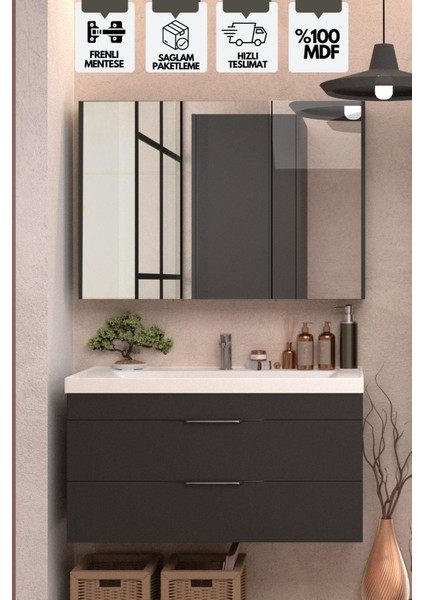 Lotus Banyo Dolabı 100 cm Lavabo Dahil Antrasit Çekmeceli Komple Mebran Mdf