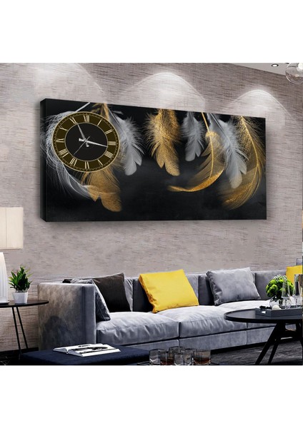 Kuş Tüyleri 100 X 50 Cm Saatli Kanvas Tablo