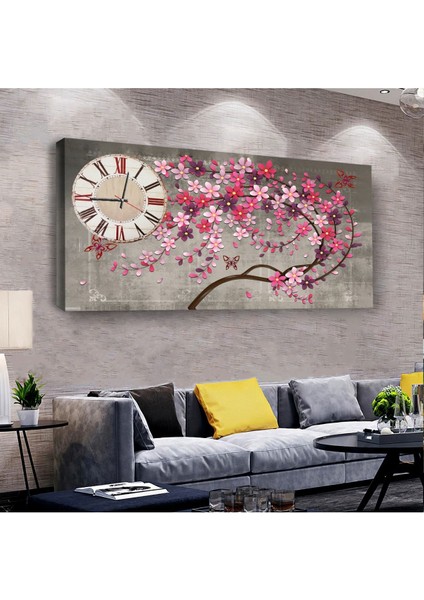 Çiçek 100 X 50 Cm Saatli Kanvas Tablo