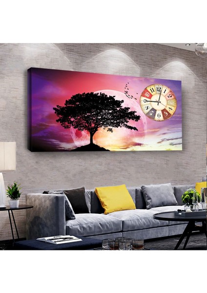 Ağaç Manzara 100 X 50 Cm Saatli Kanvas Tablo