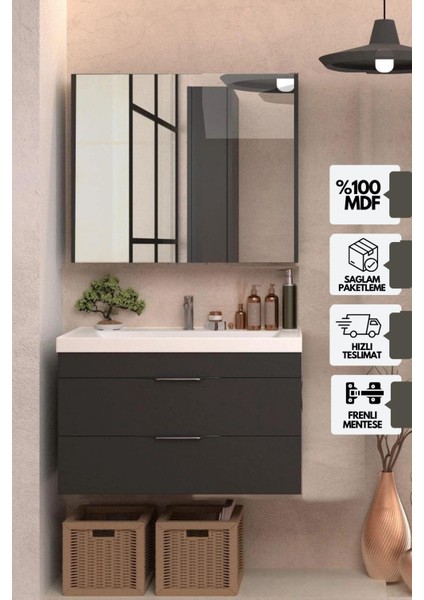 Lotus Banyo Dolabı 80 cm Lavabo Dahil Antrasit Çekmeceli Komple Mebran Mdf