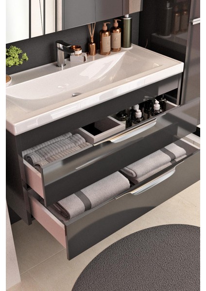 Lotus Banyo Dolabı 80 cm Lavabo Dahil Antrasit Çekmeceli Komple Mebran Mdf