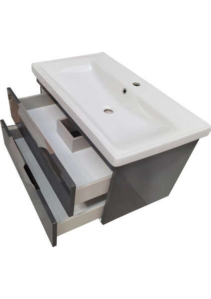 Lotus Banyo Dolabı 80 cm Lavabo Dahil Antrasit Çekmeceli Komple Mebran Mdf