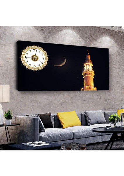 Hilal Minare Dini 100 X 50 Cm Saatli Kanvas Tablo