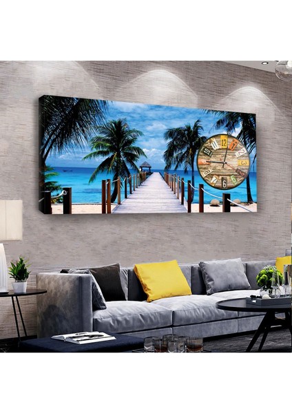 Palmiyeli Yol 100 X 50 Cm Saatli Kanvas Tablo