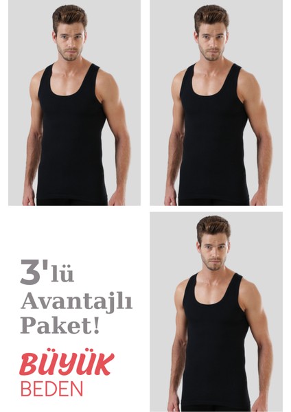 Erkek %100 Pamuklu Büyük Beden Atlet Siyah 3'lü Paket
