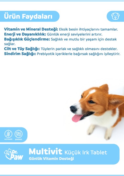 Multivit Plus Küçük Irk Köpekler için Glütensiz ve Şekersiz Günlük Vitamin ve Sağlık Destekleyici Çiğnenebilir Tablet (60 Adet, 90 Gr)