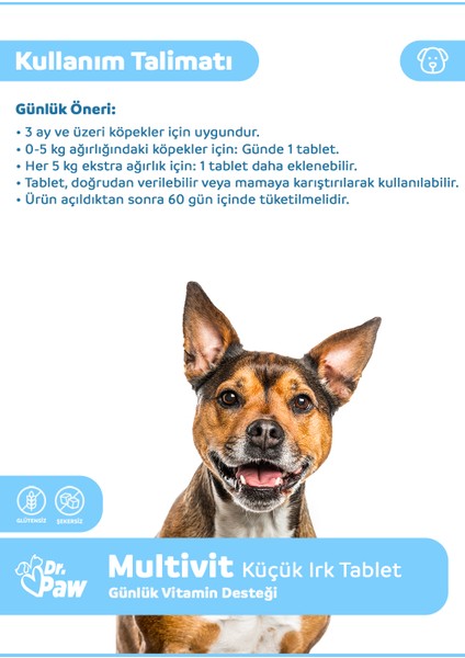 Multivit Plus Küçük Irk Köpekler için Glütensiz ve Şekersiz Günlük Vitamin ve Sağlık Destekleyici Çiğnenebilir Tablet (60 Adet, 90 Gr)