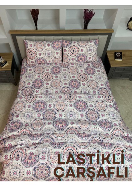 Lastikli Çarşaflı Çift Kişilik Nevresim Takımı - Anadolu Lacivert Motif Desenli