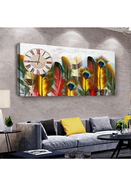 Renkli Kuş Tüyü 100 X 50 Cm Saatli Kanvas Tablo