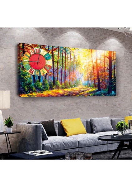Renkli Orman 100 X 50 Cm Saatli Kanvas Tablo