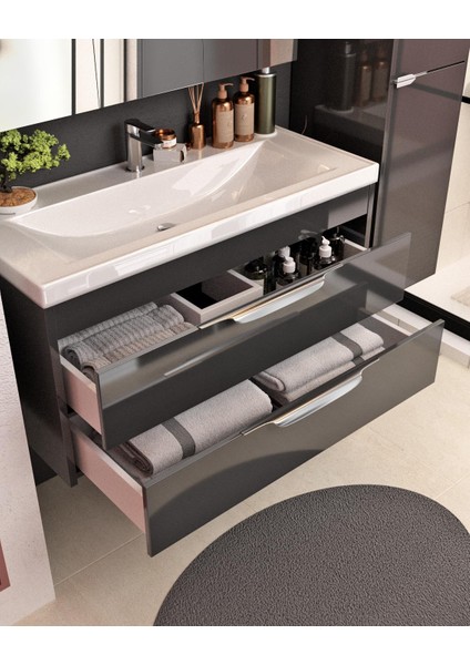 Lotus 80 cm Banyo Dolabı Seti Boy Dolaplı Lavabo Dahil Antrasit Çekmeceli Komple Mdf