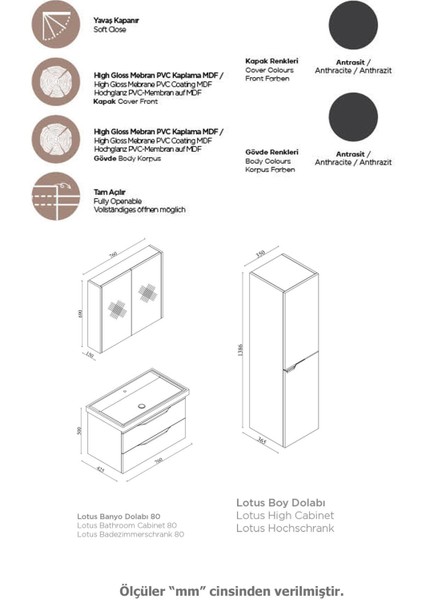 Lotus 80 cm Banyo Dolabı Seti Boy Dolaplı Lavabo Dahil Antrasit Çekmeceli Komple Mdf